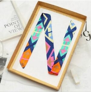Geometric Pattern Silk Ribbon Scarf Twily- Navy with Pink, Orange & Mint Accents